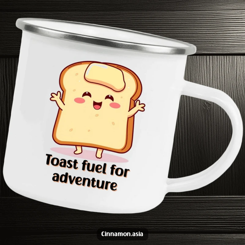 Funny camping mug featuring a smiling, buttered toast slice in a joyful dance pose, ready for outdoor adventures.