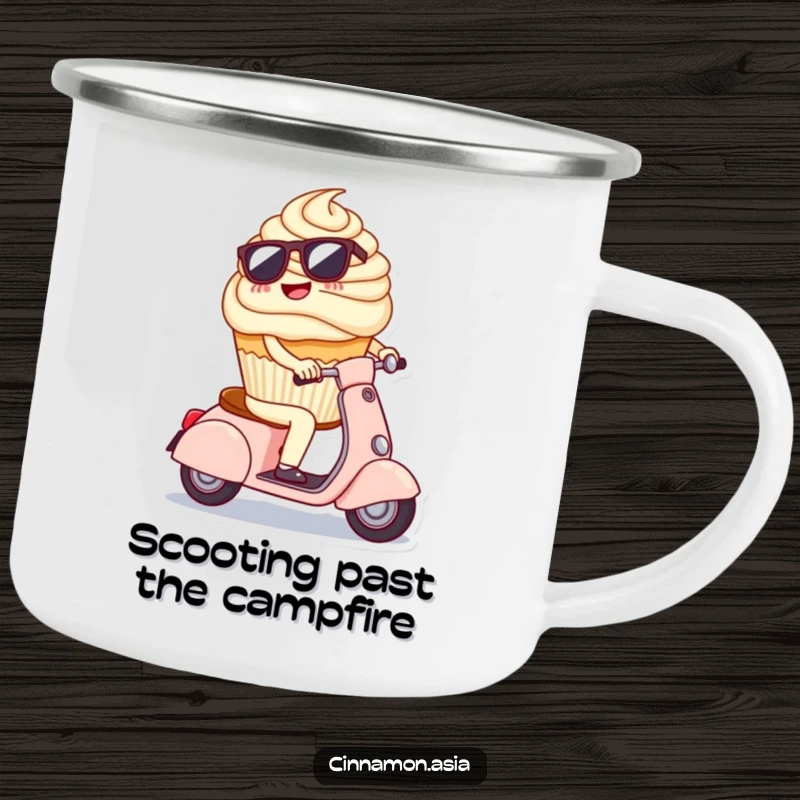 Funny camping mug featuring a cheerful cupcake wearing sunglasses, riding a tiny scooter, ready for the outdoors.