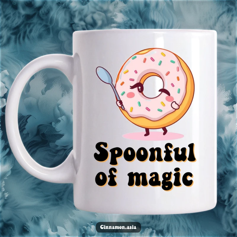 Funny mug featuring a winking donut with sprinkles, magically levitating a small spoon above its surface.