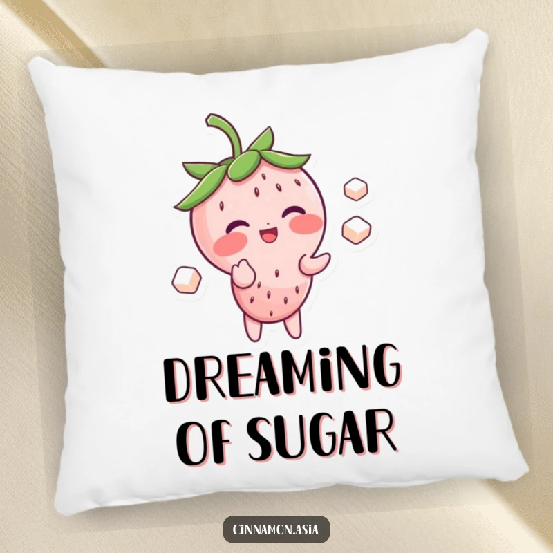 Funny pillow featuring a blushing strawberry character giggling while juggling sugar cubes, perfect for a sweet nap.