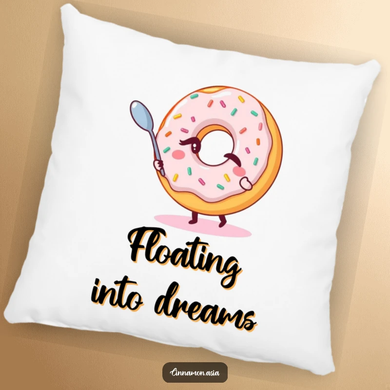 Funny pillow featuring a winking donut with sprinkles, magically levitating a small spoon, perfect for a magical sleep.