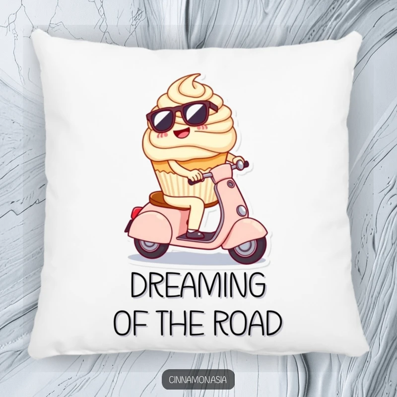 Funny pillow featuring a cheerful cupcake wearing sunglasses, riding a tiny scooter, perfect for a cozy nap.
