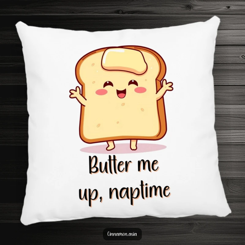 Funny pillow with a smiling, buttered toast slice striking a jubilant dance pose, offering soft, cheerful decor.