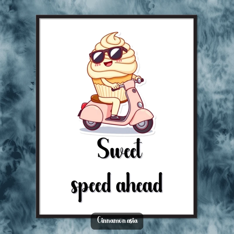 Funny digital art print of a cheerful cupcake wearing sunglasses, coolly riding a miniature scooter, radiating fun.