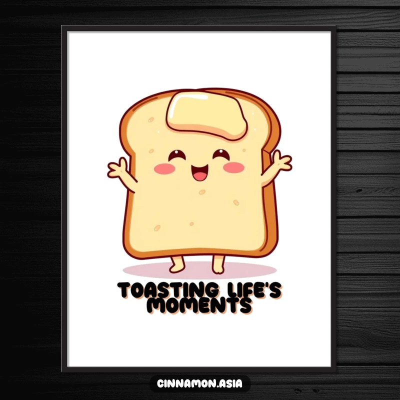 Funny digital art print of a smiling, buttered toast slice in an ecstatic dance pose, radiating pure joy.
