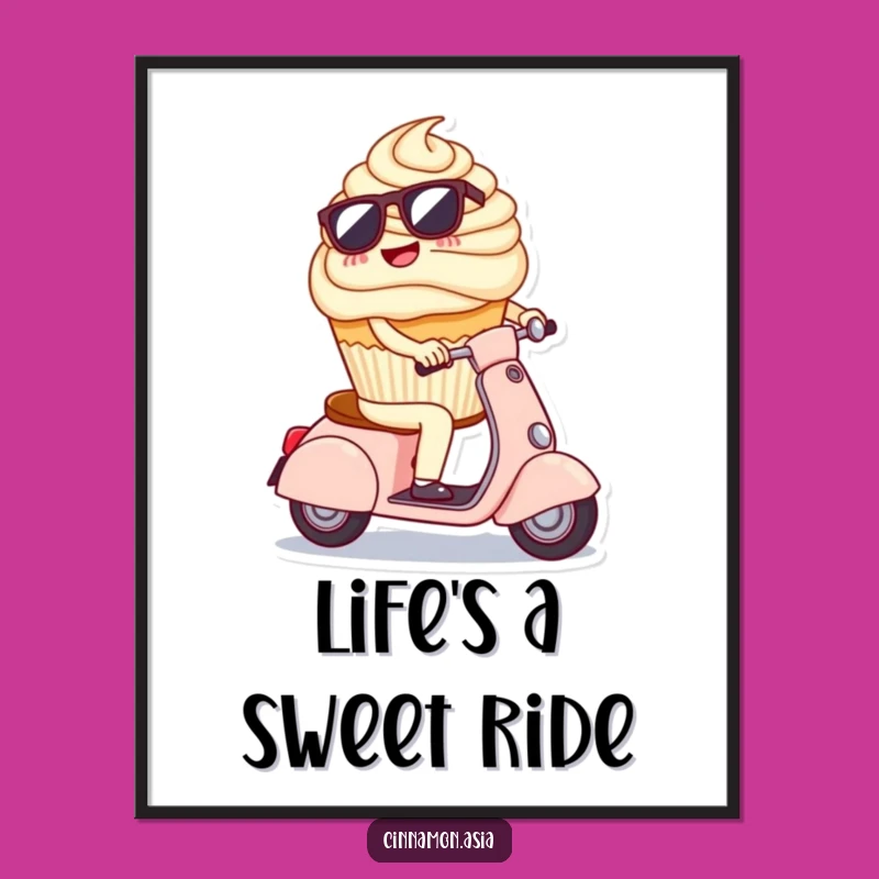 Funny Cupcake Scooter Poster: Cool Sunglasses Character, Sweet Wall Art, Perfect Funny Gift!