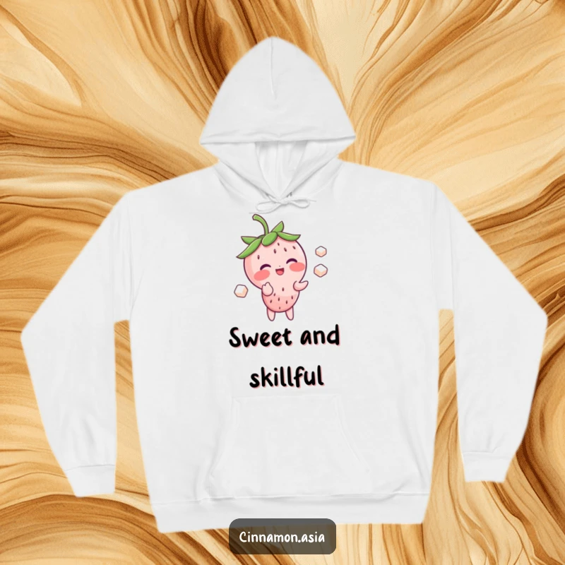 Funny hoodie featuring a blushing strawberry character giggling while juggling tiny sugar cubes, perfect for cozy fun.