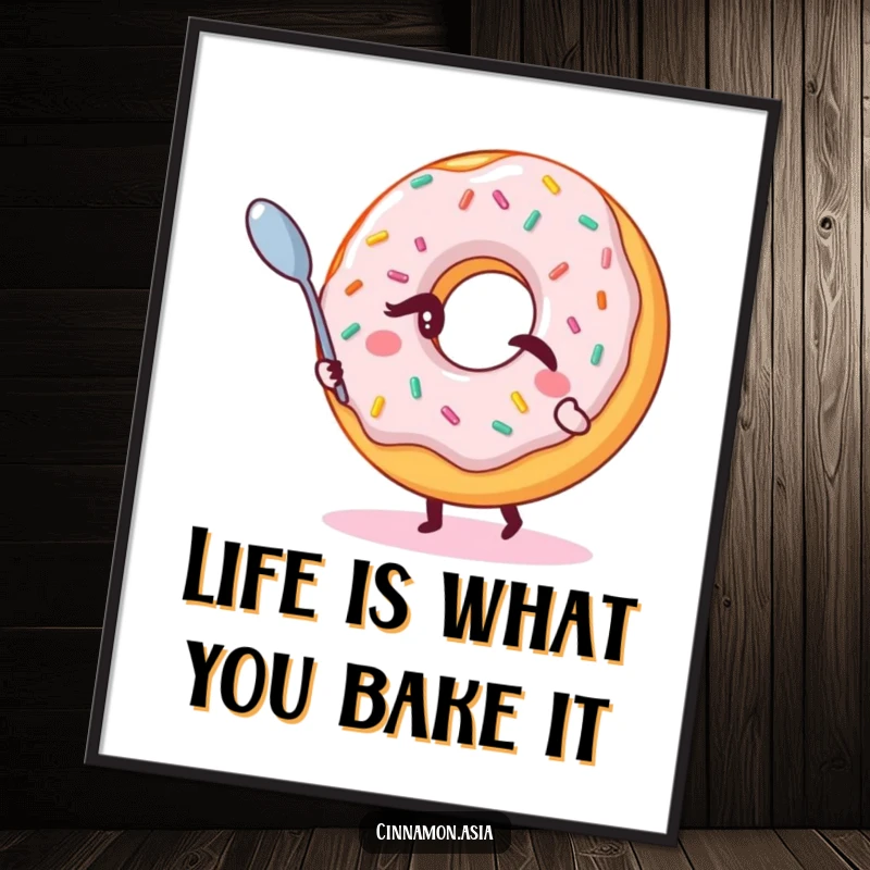 Funny Free Printable Wall Art: A winking donut with sprinkles magically levitating a spoon, whimsical downloadable decor.