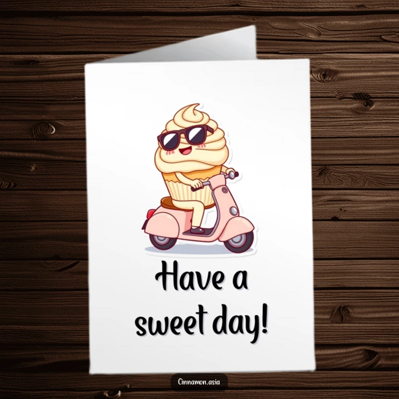 Funny Free Printable Birthday Card: A cheerful cupcake in sunglasses riding a tiny scooter, a cool downloadable gift.