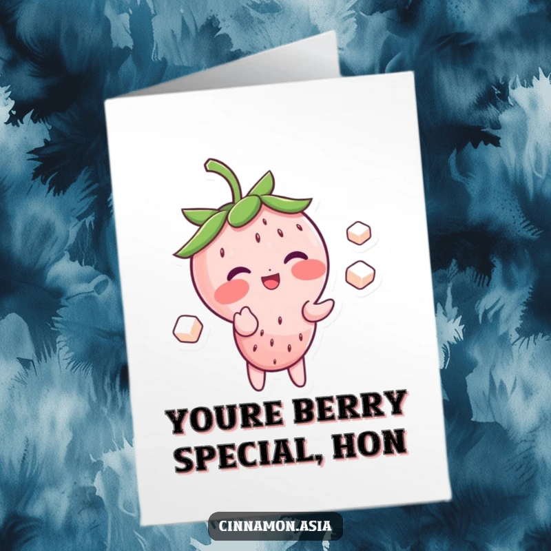 Funny Free Printable Birthday Card: A blushing strawberry giggling while juggling sugar cubes, a sweet downloadable gift.