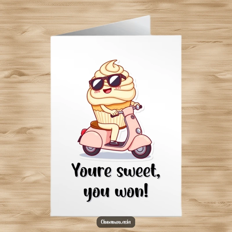 Funny Free Printable Congratulations Card: A cool cupcake wearing sunglasses on a tiny scooter, a downloadable gift.