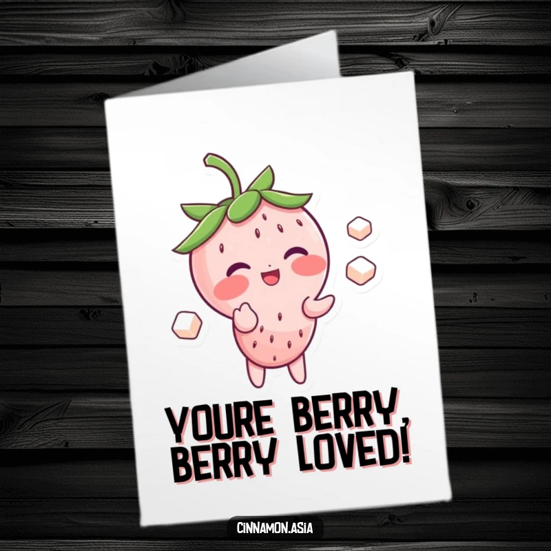 Funny Free Printable Congratulations Card: A blushing strawberry giggling while juggling sugar cubes, a joyful gift.