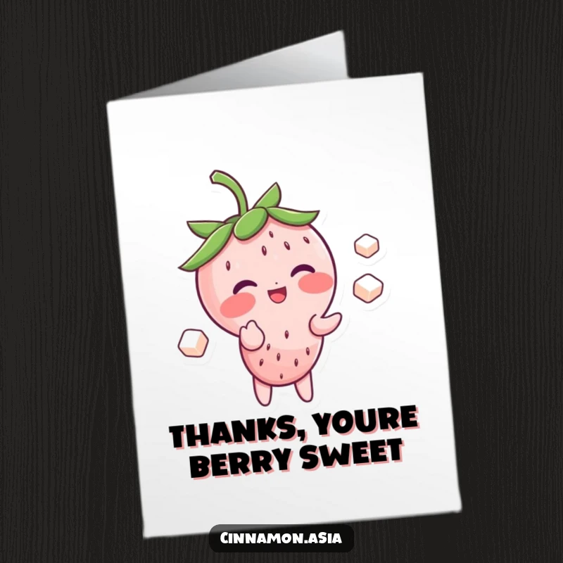 Funny Free Printable Thank You Card: A blushing strawberry giggling while juggling sugar cubes, a sweet downloadable gift.