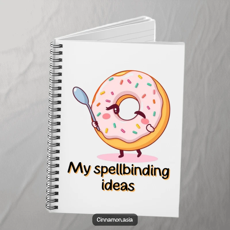 Funny notebook with a winking donut with sprinkles, magically levitating a small spoon, ideal for writing magical thoughts.