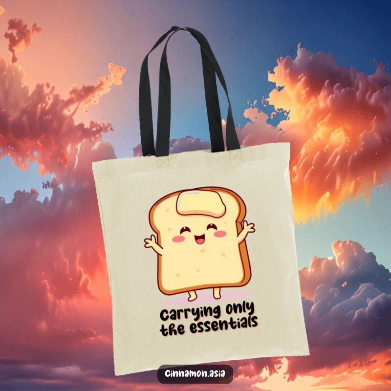 Funny tote bag showcasing a smiling, buttered toast slice performing a lively and joyful dance pose, great for groceries.